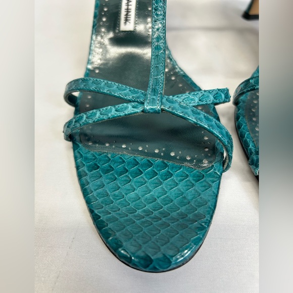 Manolo Blahnik Teal Snakeskin Open Toe Strappy heels Sandals Sz 8.5 - Picture 3 of 7